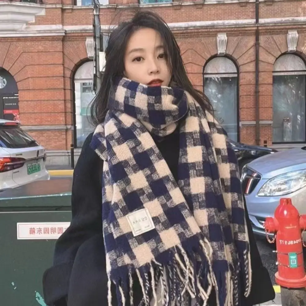 

Tassel Plaid Wool Scarf Cashmere Shawl Plush Long Shawl Korean Style Scarves Solid Color Winter Cashmere Scarves Autumn Winter