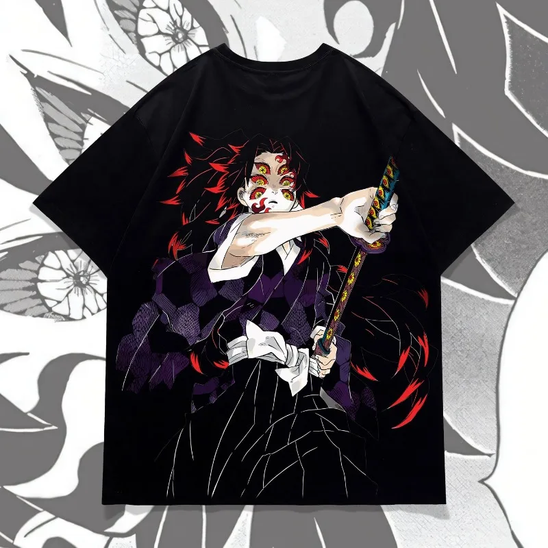 Anime Samurai Double Sided Print T Shirt, Multi Eyes Demon Manga Character Oversized Tee, Unisex Black Streetwear Short Sleeve