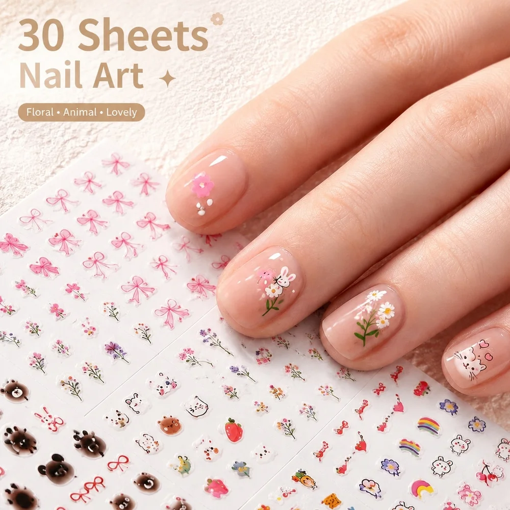 30Pcs Multi‑Pattern Adhesive Nail Stickers Kit Sweet Flower Bow Heart Cartoon Animal For Acrylic Nails Trendy Manicure Ornaments
