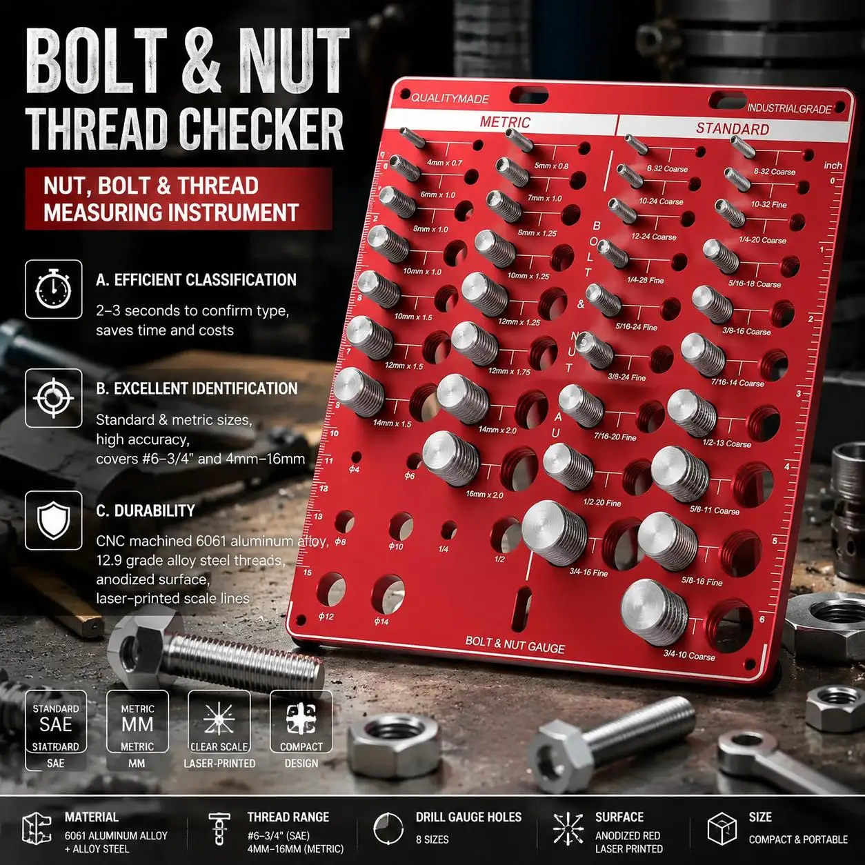 42 Nut and Bolt Thread Checker Set Bolt Size Thread Gauge Standard Metric 19 Standard 15 Metric Sizes Inch Male Female Screw Identifier Measurement Tool Garage Workshop Home Hardware Fastener Threaded Insert