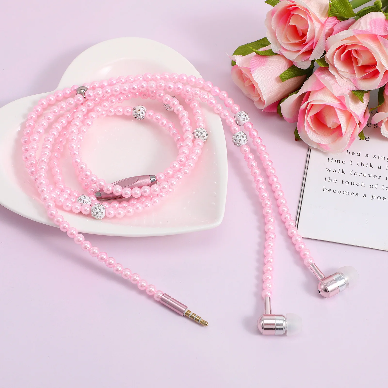 

Wired in-Ear Headset Pink Pearl Chain Design Noise Cancelling Earbuds with Mic Remote for Sports Travel Gym Exercise