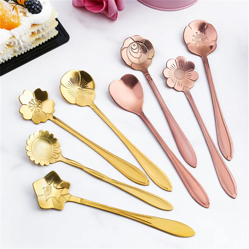 8PCS Flower Spoon Gold Stainless Steel Coffee Spoon Cute Ice Cream Sakura Rose Dessert Spoon Golden Cutlery Kitchen Accessories