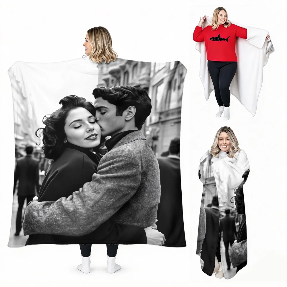 Customize your photo on this women's blanket-style hoodie—a soft, warm, and comfortable parachute blanket suitable for both men