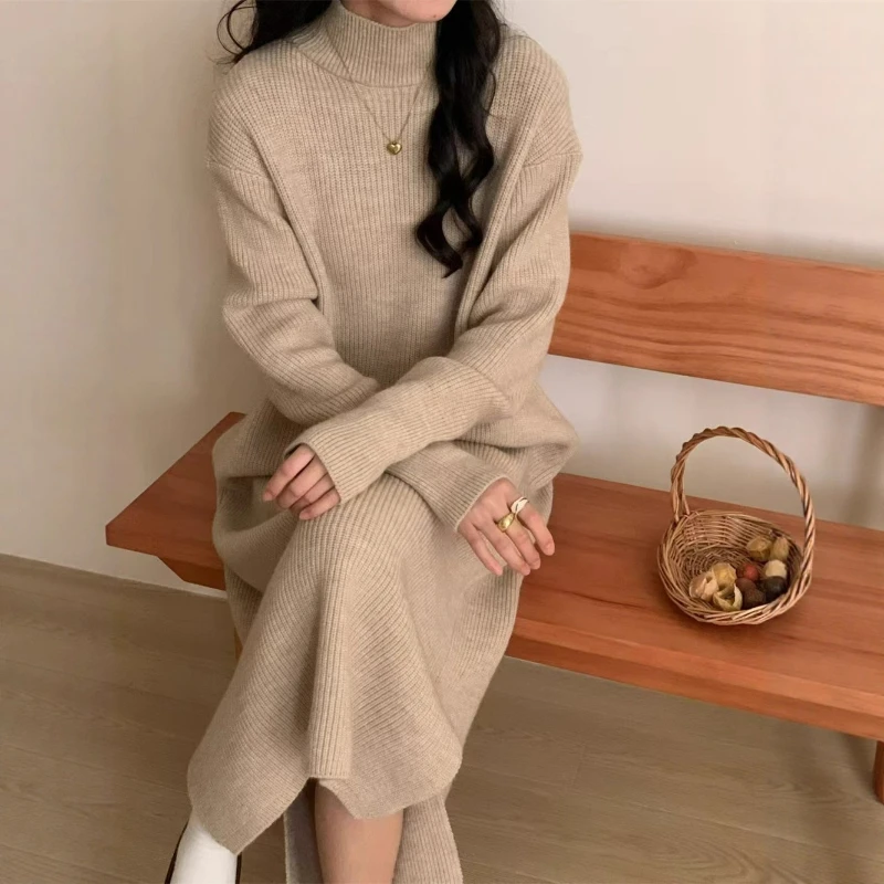 

Solid Color Versatile Half-turtleneck Knitted Dress for Women, New Loose-fitting Style, Can Be Layered with A Coat, Long Skirt