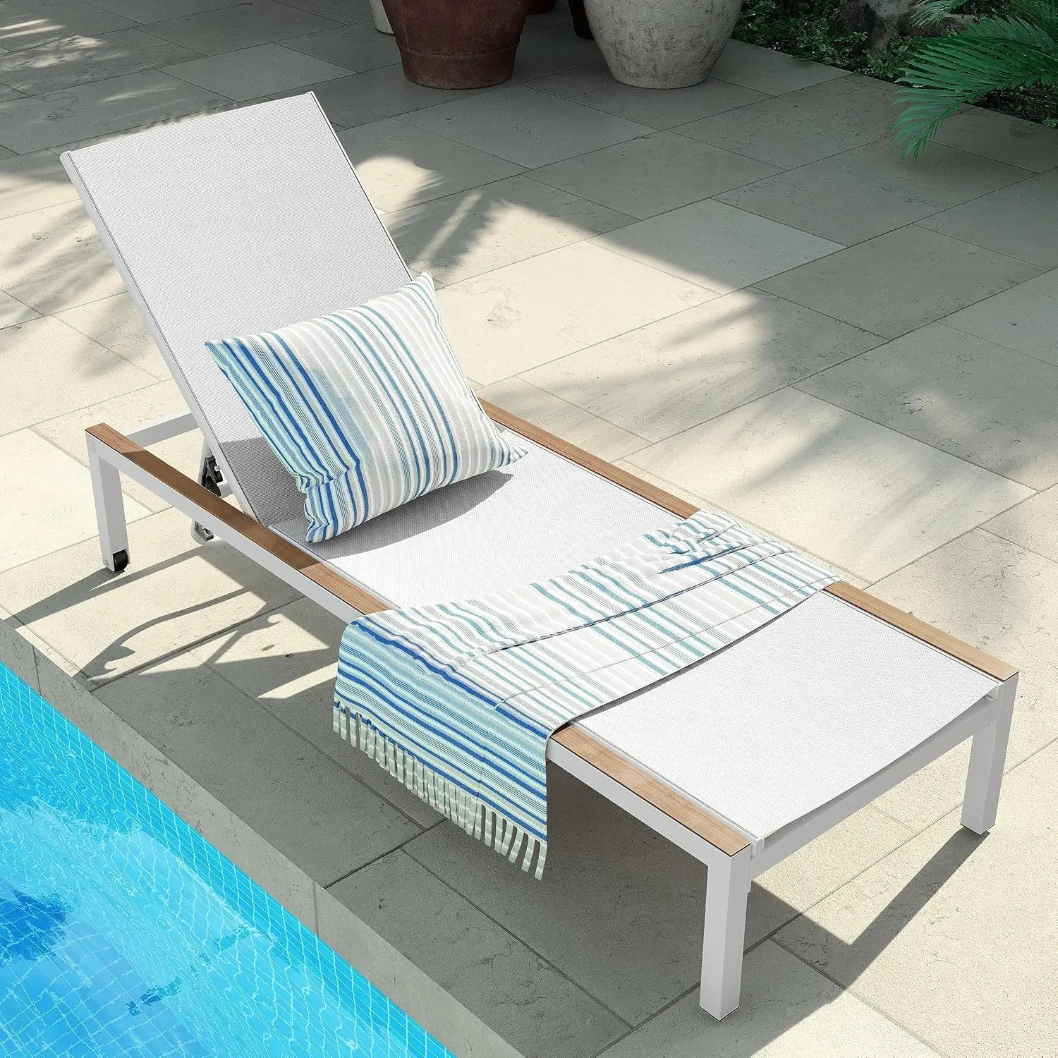 Outdoor Chaise Lounge Mesh Sling Woodgrain Portable Wheels 4 Reclining Positions Poolside Beach, Customized
