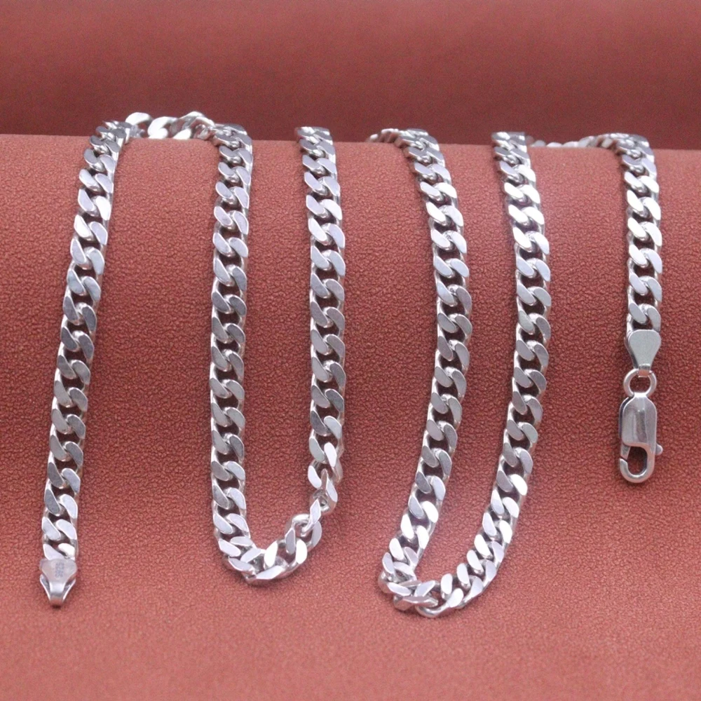 

Real Solid 925 Sterling Silver Chain Men Women Square Curb Cuban Link Necklace 33-34g/55cm