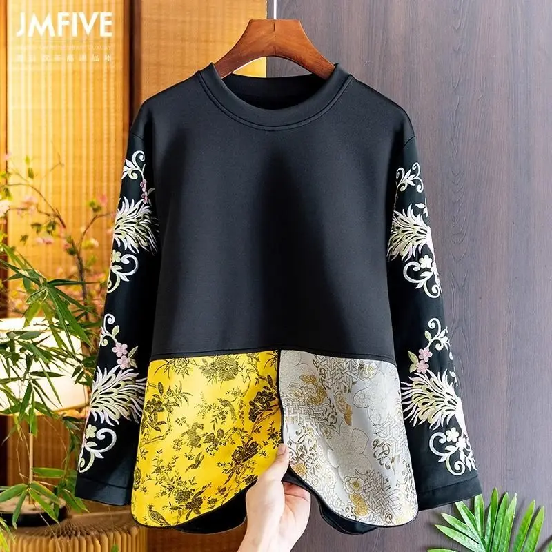 الأزهار المطرزة السترة المرأة طويلة الأكمام بلوزات فضفاضة غير رسمية النمط الصيني الرجعية مشبك القمم