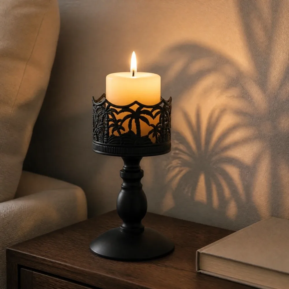 Vintage Hollow Carved Candlestick Romantic Iron Art Tall Candle Holder Ornaments Coconut Tree Pattern Stable Base