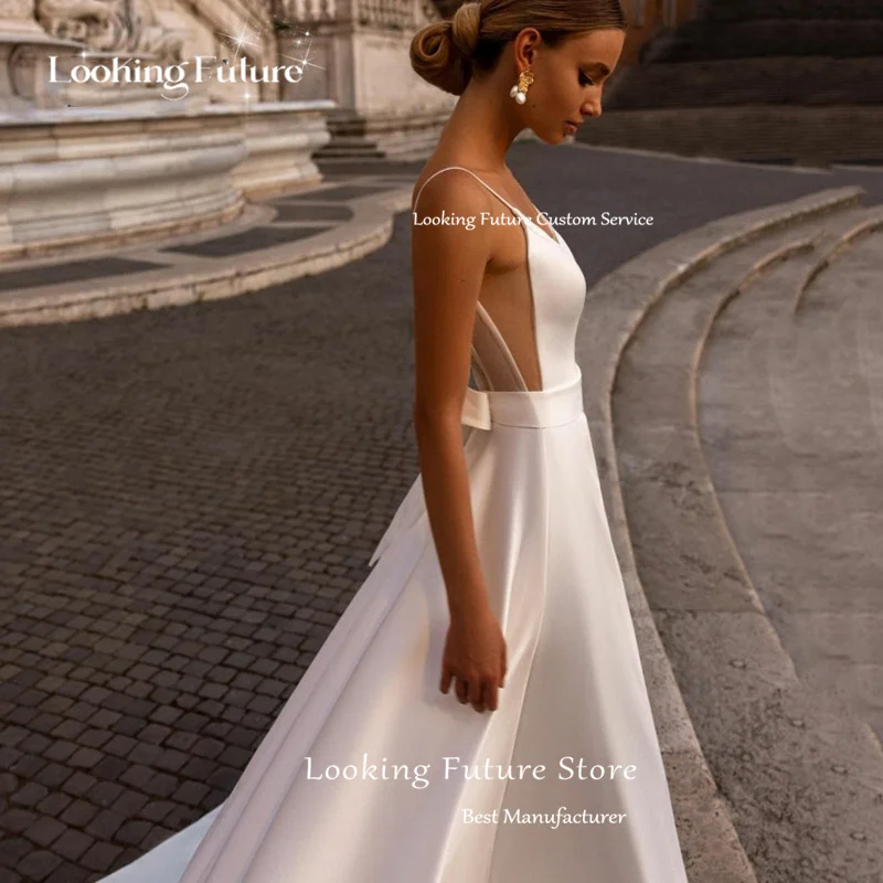 Simple White Wedding Dresses A-Line Spaghetti Straps Bridal Dress Pleat Sexy Deep V-Neck Backless Lace Up Bow Sweep Train 2024