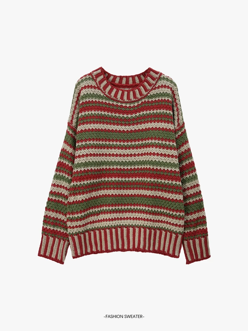 Damski sweter w paski z okrągłym dekoltem, duży rozmiar, wzorzysta dzianina.