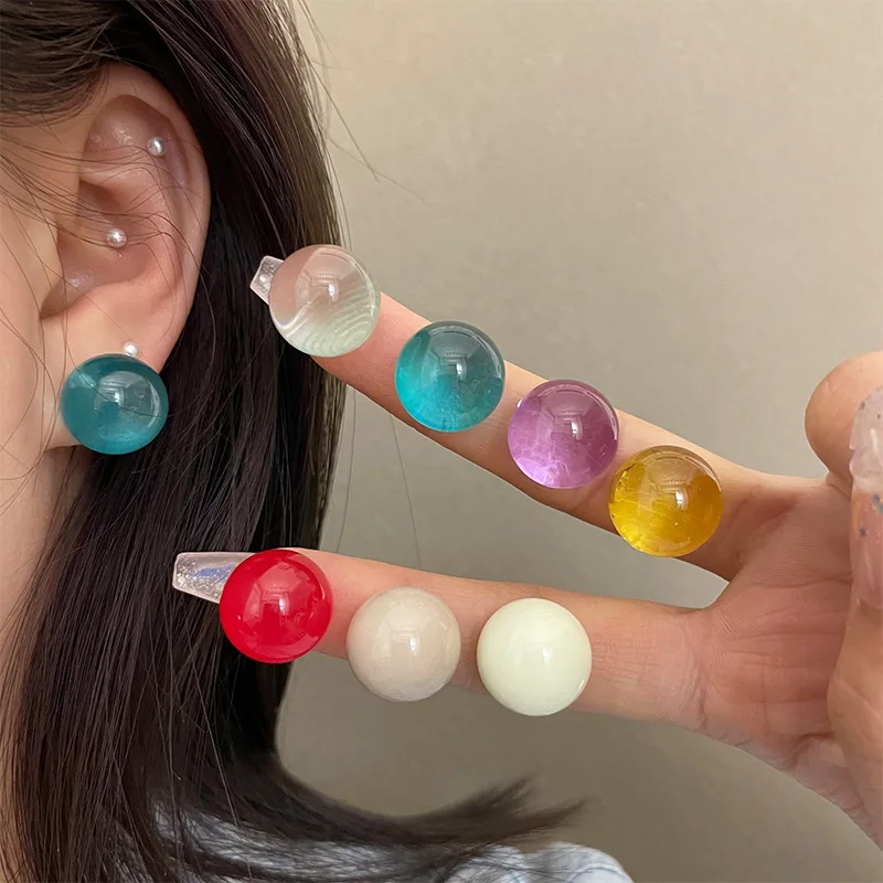 

Dopamine Color Spherical Earrings Women's New Fashion Resin Stud Earrings Sweet and Cute Round Bead Earrings
