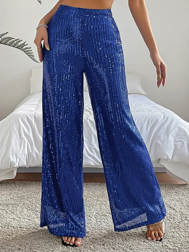 

Pants Sequin High Waist Trousers Women Clothing Wide Leg Pant Elastic Waist Longs Party Club Streetwear Shiny Pant Summer Autumn