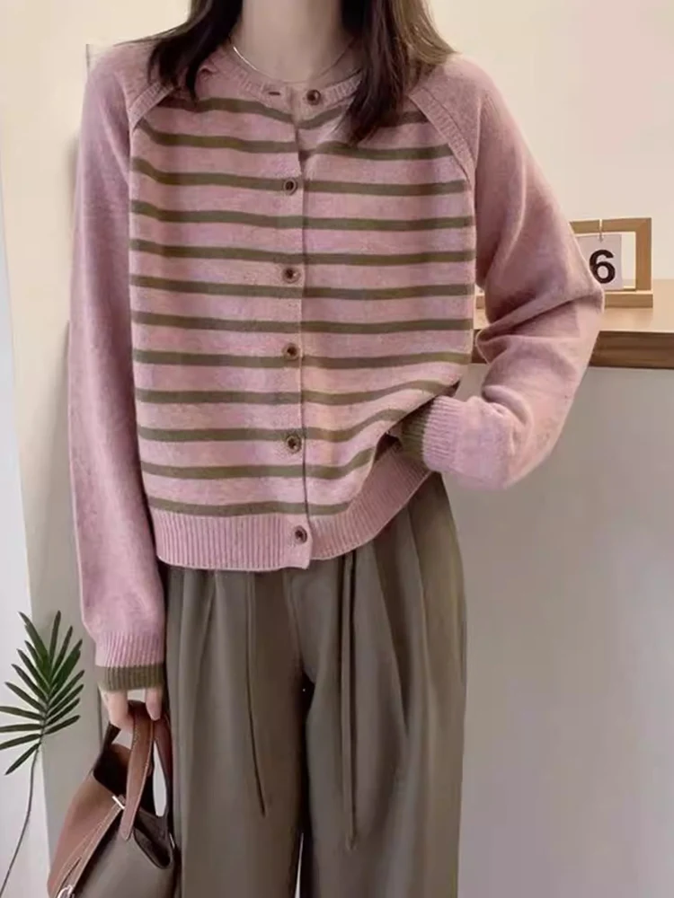 

Comfortable Woolen Knitted Open Cardigan Women's Faionable Slimming Camere Sweater Design Sense Color Blo Striped Winte...