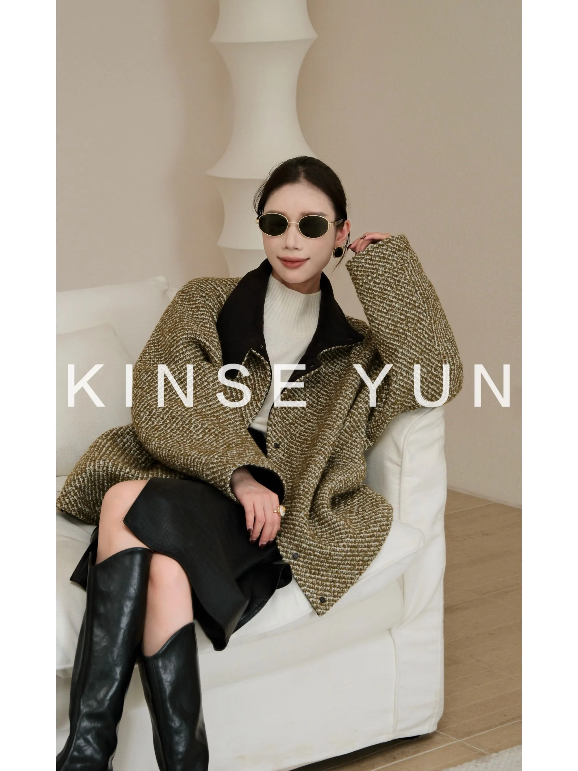 

KINSE YUN Forest Godd Woolen Tweed Mixed Loose Fit Lapel Coat QD322 Women's Commute Sle Thi Winter Outerwear