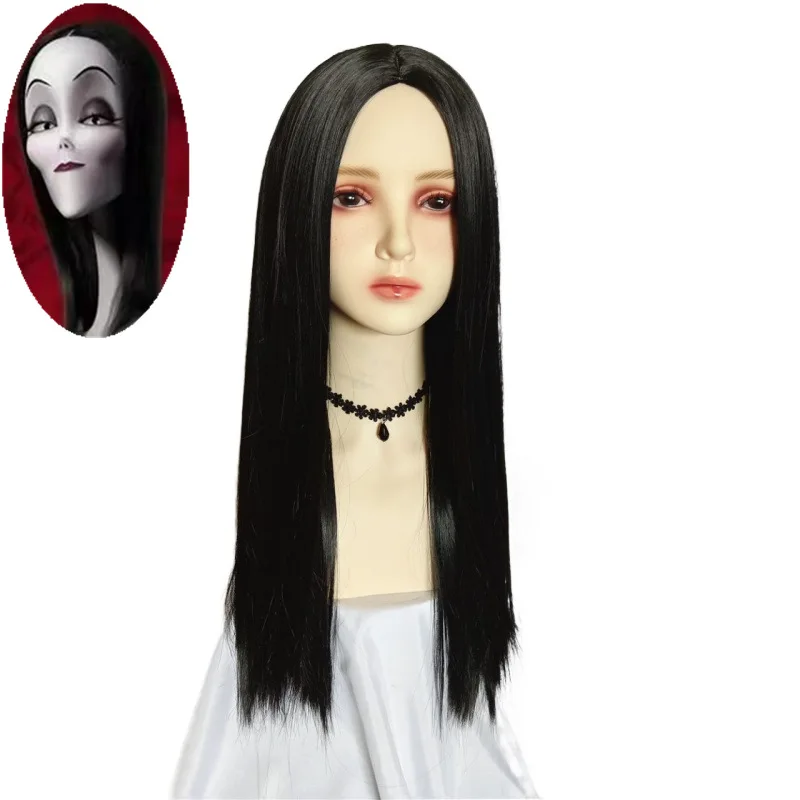 

Wednesday Halloween Lady Morticia Addams Long Black Straight Wig Family Cosplay Middle Part Synthetic Pelucas