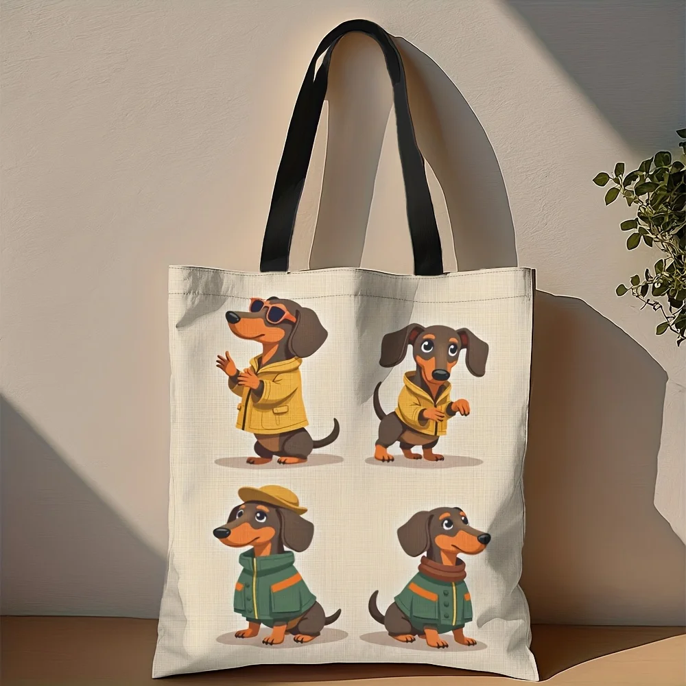 1pc Dachshund Dog Print Tote Bag Cute Sausage Dog with Dachshund Face  Durable Bookbag for Grocery Shopping Storage Pouch