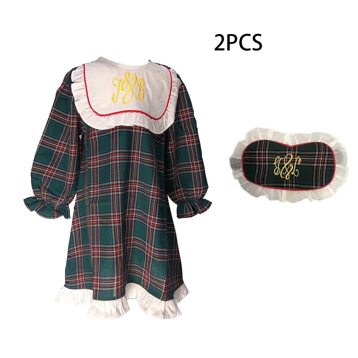 Girls Nightdress Boys Pajama Set With Eye Mask Green Long Sleeve Thin 100% Cotton Four Seasons Pajamas British Plaid Christmas