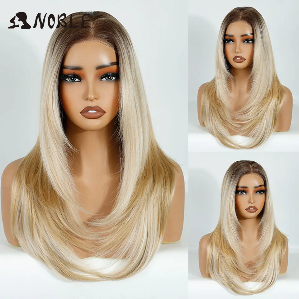 

Благородные синтетические парики спереди для женщин 13x3 Прямой парик шнурка Предварительно выщипанный многослойный парик Ombre Блондинка Коричневый Белый Парик для косплея