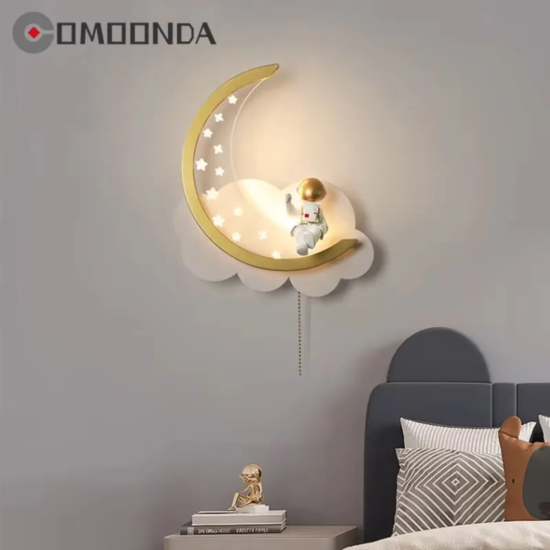 Modern Creative Moon Wall Lamp Bedroom Decoration Acrylic Lampshade Sconce Night Lights LED Astronaut Lustre With Chain Switches