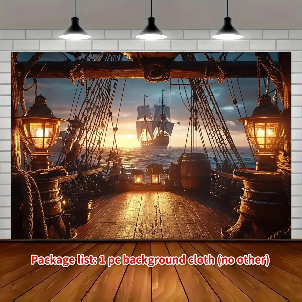 Vibrant Golden Dusk Pirate Ship Sailing Tapestry Retro Style Adventure Wall Decor Aesthetic Backdrop for Outdoor Party