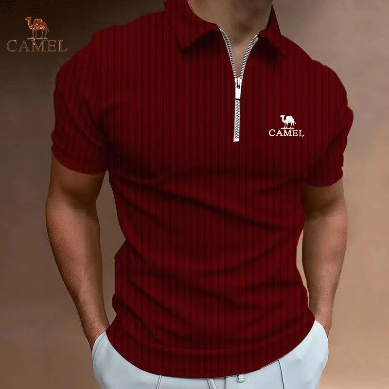 Polo rayé camel brodé pour hommes, T-shirt à manches courtes, haut décontracté, confortable, respirant, à la mode, nouveau, été