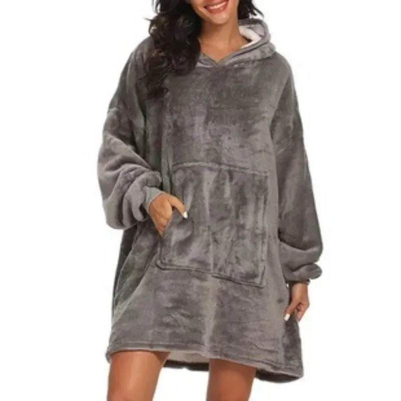 بطانية مريحة بغطاء للرأس من الصوف قابلة للعكس مع جيب الكنغر، رمي مخملي ناعم يمكن ارتداؤه، بوليستر محبوك، طراز معاصر #4