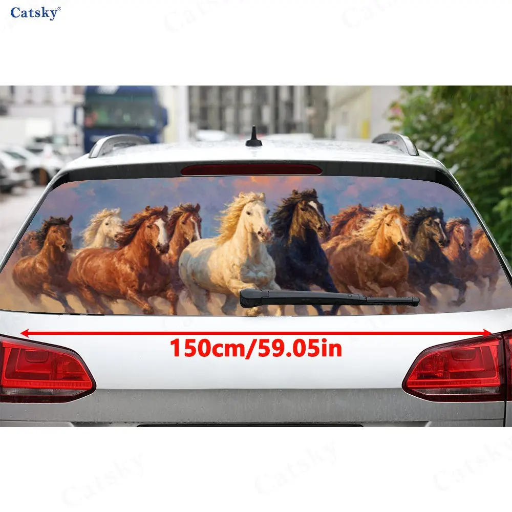 Galloping Horse Herd Wilderness Adventure PVC Perforated Car Vinyl Wraps, Durable Car Rear Windshield Sticker, Waterproof Car Re