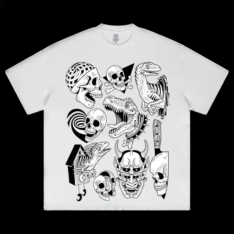 New Cross border American Trendy Brand Cartoon Printed Pattern Skull Round Neck Short Sleeve T-shirt High Street Loose Versatile