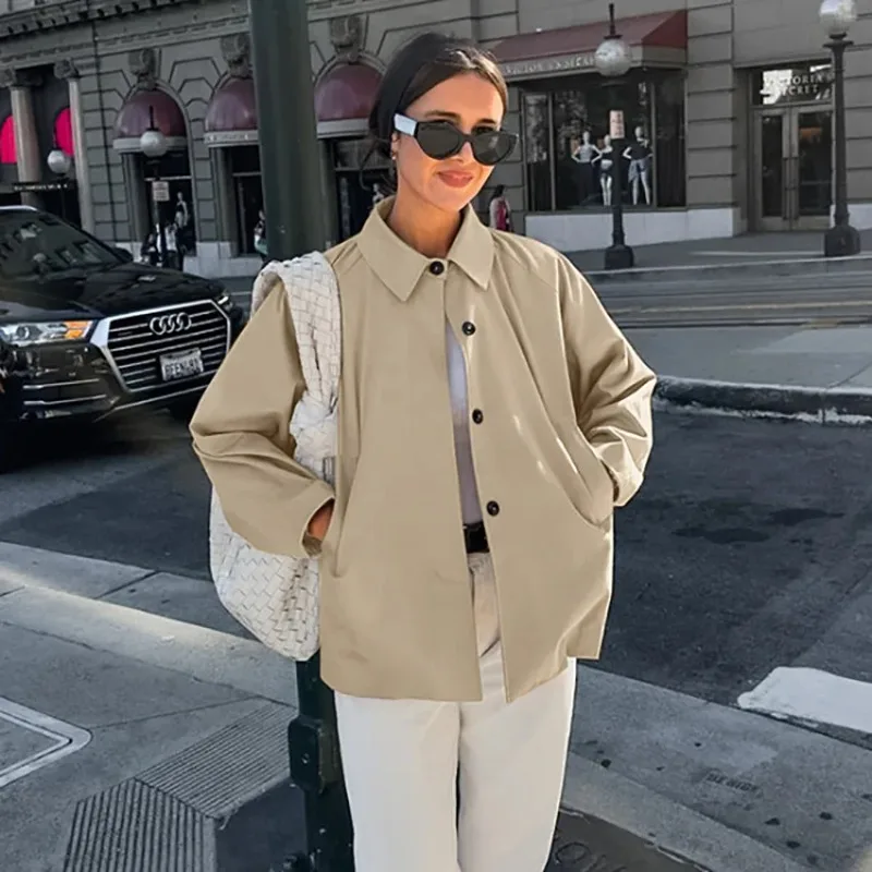 

Khaki Womens Autumn Jacket Turn Down Collar Single Breasted Pocket Outerwear Minimalist Coat Style Lady