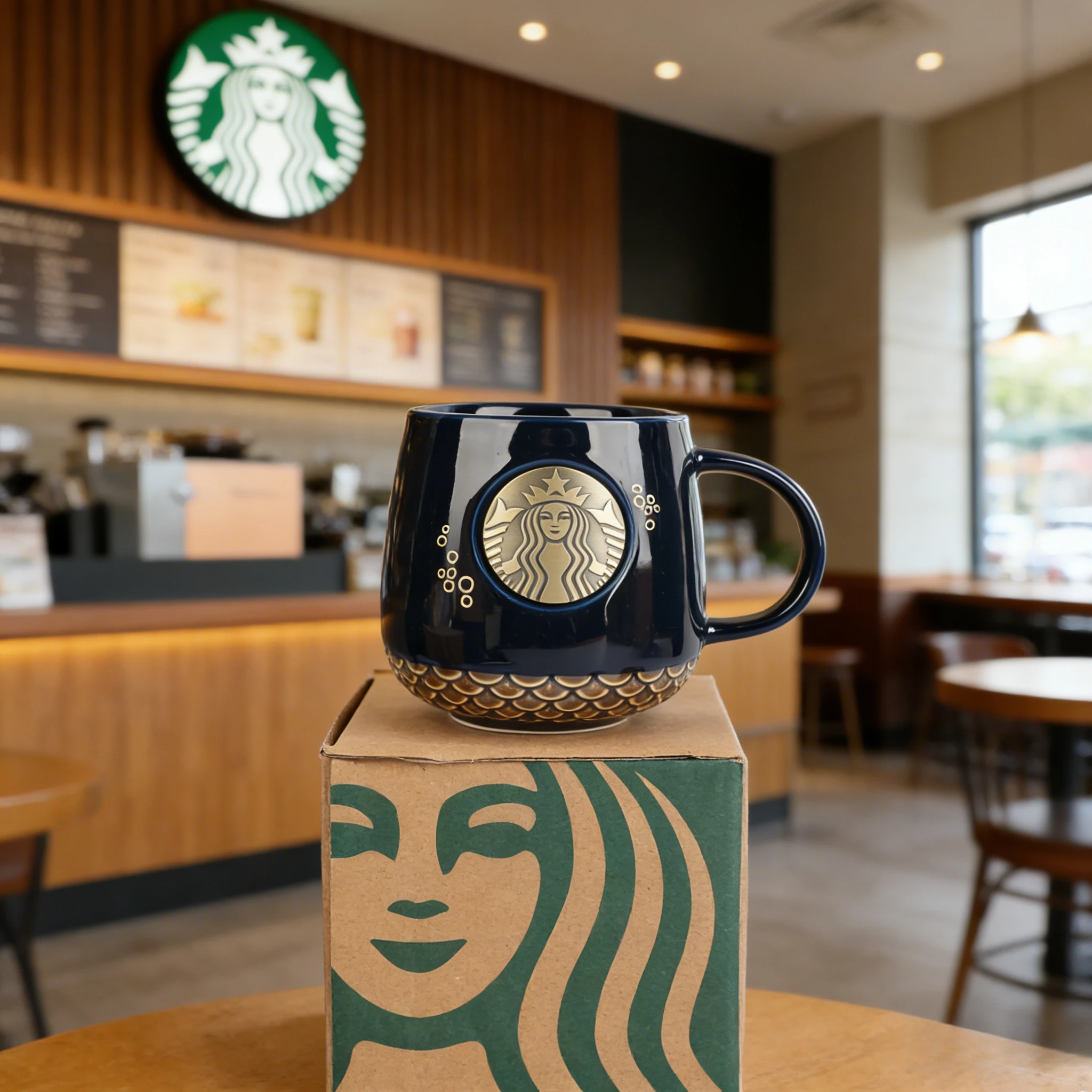 Caneca de Cerâmica Preta Starbucks com Padrão de Escamas de Peixe 355ml, Caneca de Café para Presente