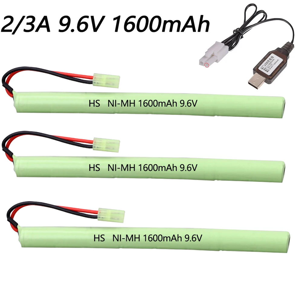 Nimh airsoft armas bateria, 2/3a, 9.6v, 1600mAh, conector mini tamiya e carregador usb para ak47, mp5k, rpk, pkm, g36c, mc51