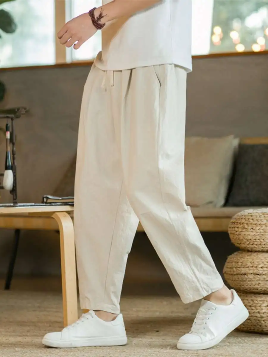 

New Summer Men's Loose Cotton Linen Casual Pants Straight Leg Nine Points Casual Trousers Comfortable Breathable mid Waist