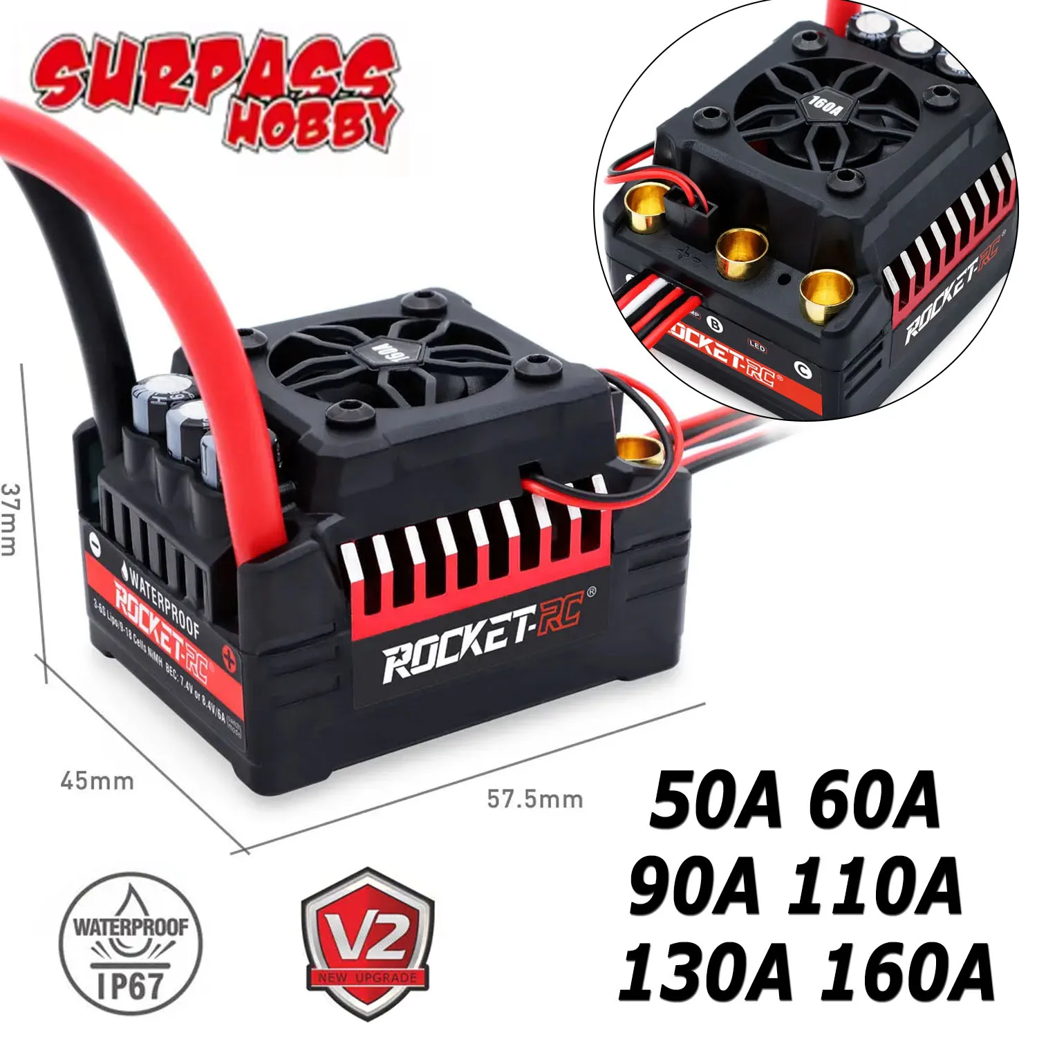 Contrôleur de vitesse sans balais étanche Rocket V2 Supersonic 50A 60A 90A 110A 130A 160A ESC pour voiture RC, buggy et modèles 1:7, 1:8, 1:10