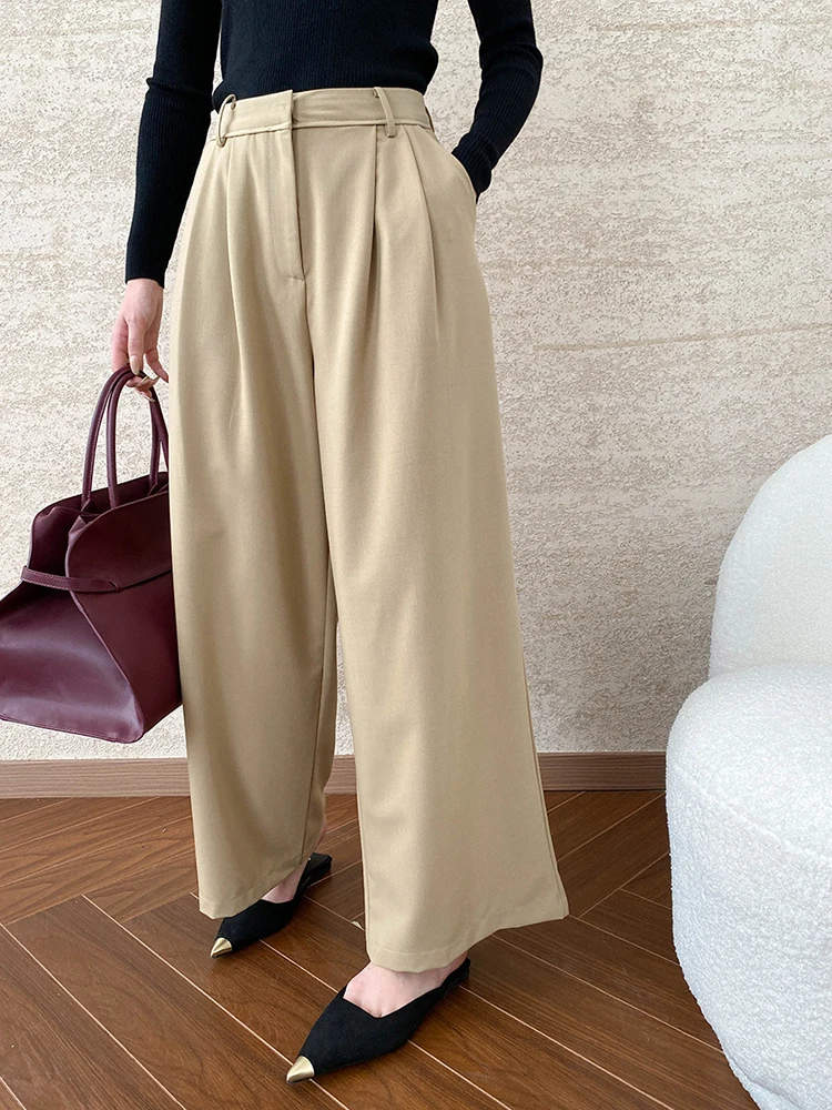 [EAM] High Waist Beige Khaki Brief Long Wide Leg Elegant  Pants New Trousers Women Fashion Tide Spring Autumn 2024 1DH7375