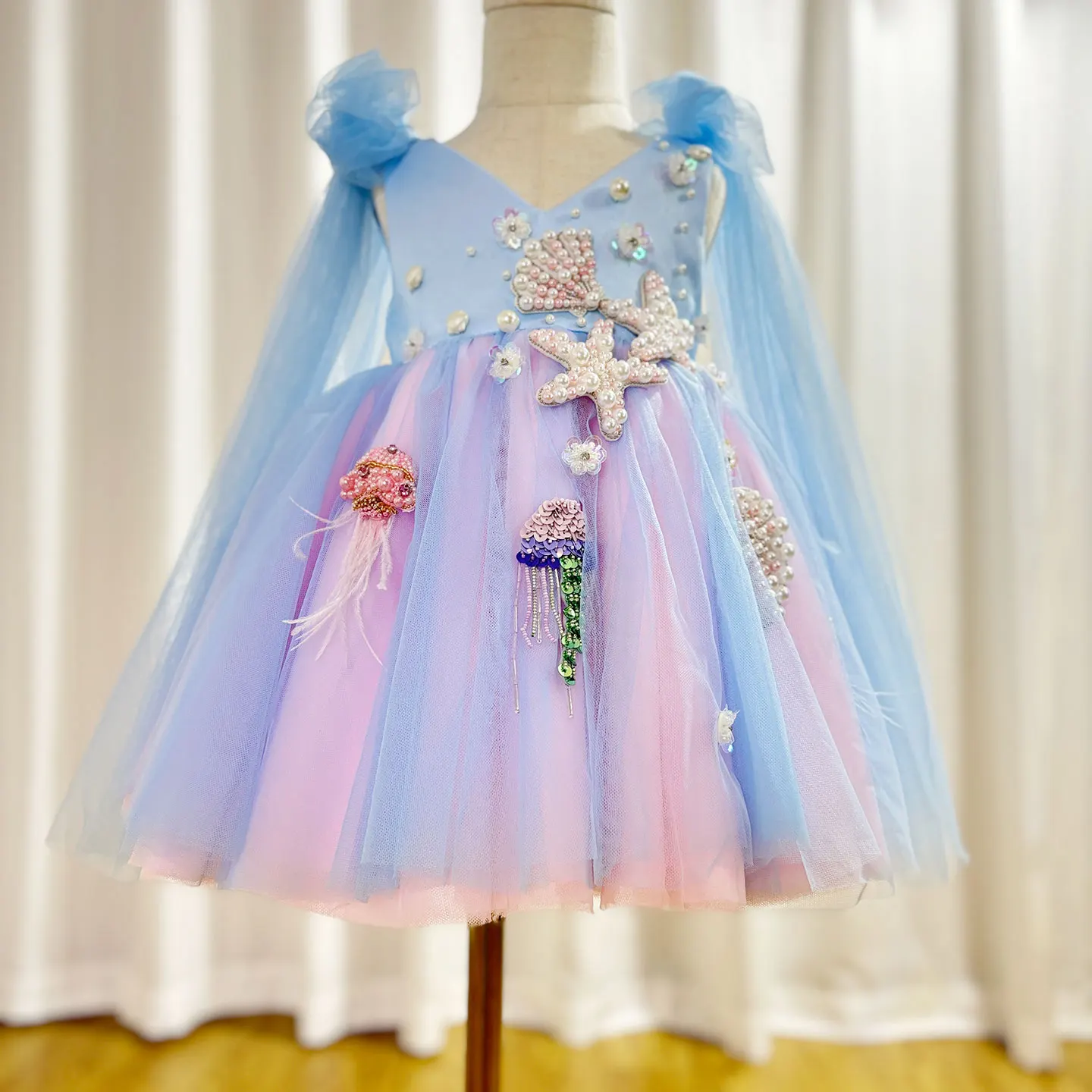 Jill Wish-Robe de princesse pour petite fille, tenue de luxe, bleu ciel, à fleurs, avec perles arabes, pour anniversaire, mariage, soirée, J072