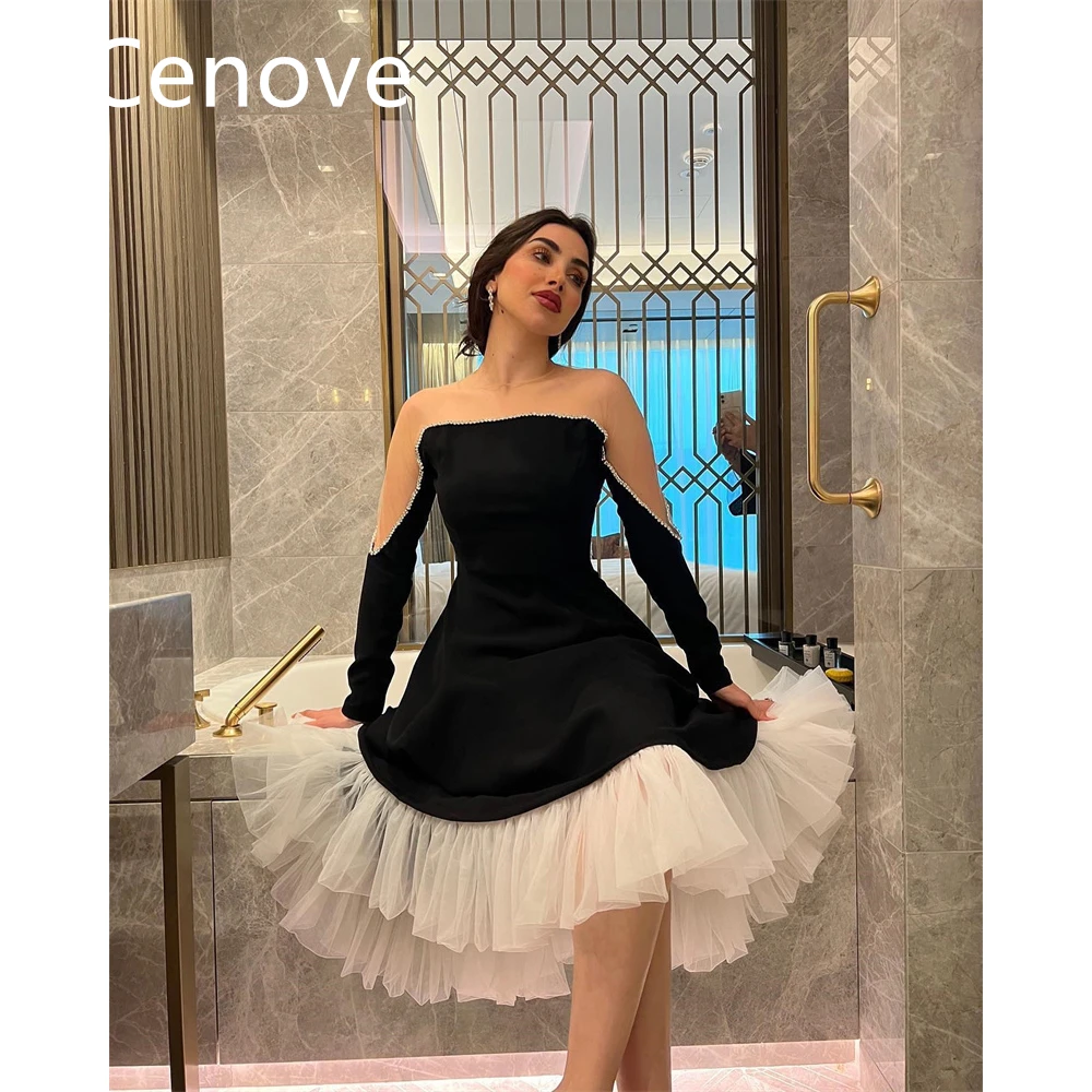 

Cenove A-Line Black Strapless Prom Dress Tea-Length With Lace Draped Evening Summer Elegant Party Dress For Women2023