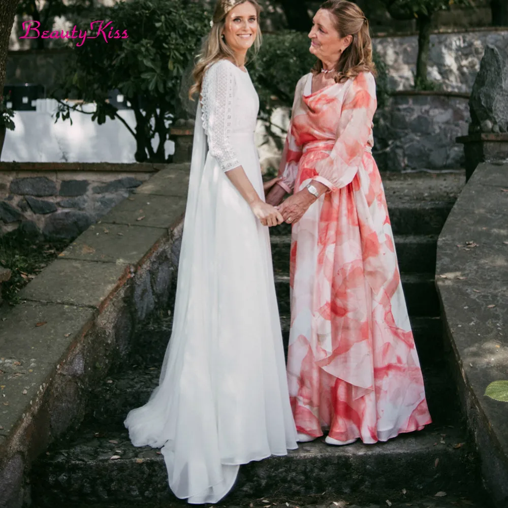 3/4 كم فستان الزفاف الشيفون للعرائس 2026 الدانتيل عارية الذراعين بوهو أنيقة زي العرائس البوهيمي رداء حفلات الزفاف