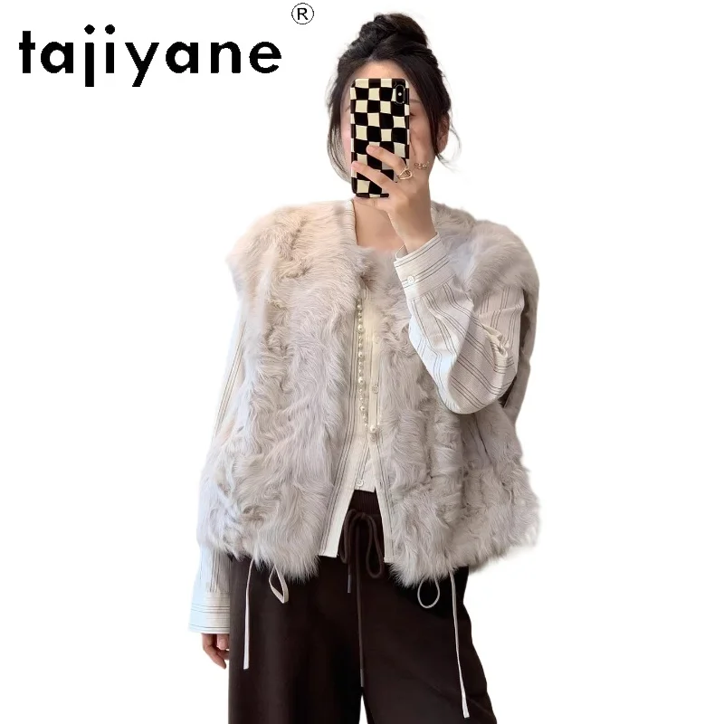 سترة من فراء صوف الغنم من صوف الغنم الطبيعي من TAJIYANE معطف نسائي دافئ منفوش بدون أكمام ملابس نسائية شتوية جديدة لعام 2025