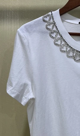 Women's White Heart Round Neck Knit T-Shirt Short Sleeve Rhinestone Fashion Casual Holiday Top