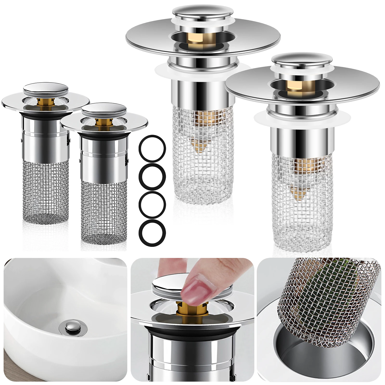 2Pcs Floor Drain Filter Stainless Steel Anti-Clog Filter Catcher Anti Odor Pop-Up Bounce Core Basin Stopper Hair Catcher