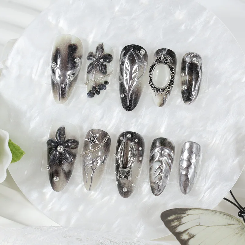 24Pcs False Nails Almond-Shaped Dark-Themed Ink Painting Design with Floral Carvings—Press-On Nails Perfect As Gifts for Girls
