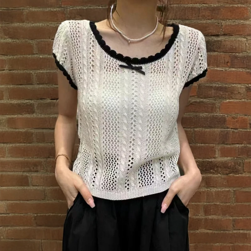 Women Bow Front Pointelle Knit Top Short Sleeve Sweater Tops with Ribbon Ruffled Hem Pullover Teengirl Summer Barbiecore Outfit
