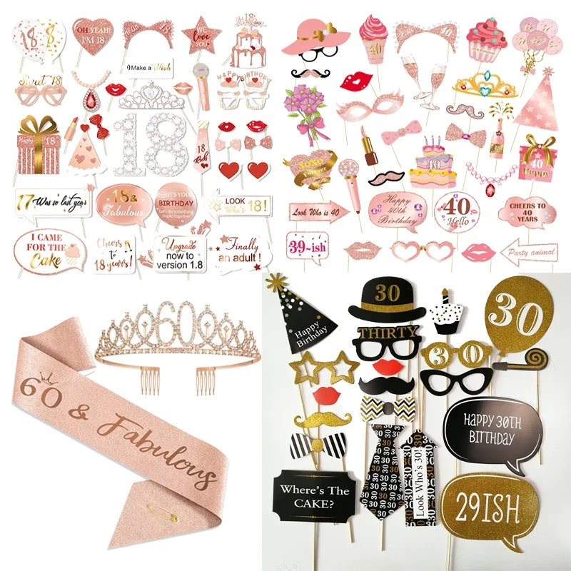 1 Set Pink Gold Paper 18 30 40 50 60th Birthday Photo Props Adult Happy Birthday Anniversary Party Decoration Supplies