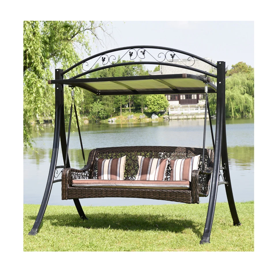 New Design Three-Person Swing Chair for Garden Patio Rattan Rocking Chair With Canopy Outdoor Furniture