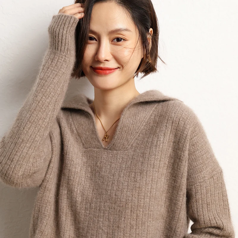 2023 Autumn Winter 100% Cashmere Sweater Turn-down Collar Knit Pullover Women\'s High Quality Soft Female Loose Large Size Jumper