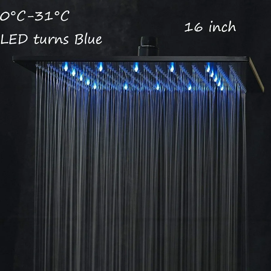 Soffione doccia quadrato a LED da 16 pollici di ricambio con sfera girevole per bagni moderni Finitura in bronzo lucidato a olio Flusso d'acqua regolabile