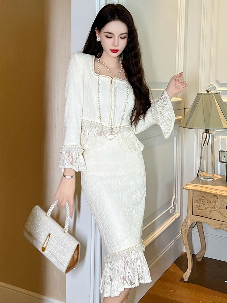 Mode dames dentelle luxe doux 2 pièces tenue femmes vêtements élégant bureau hauts chemise chemisier et jupe portefeuille hanche Mujer mince ensemble