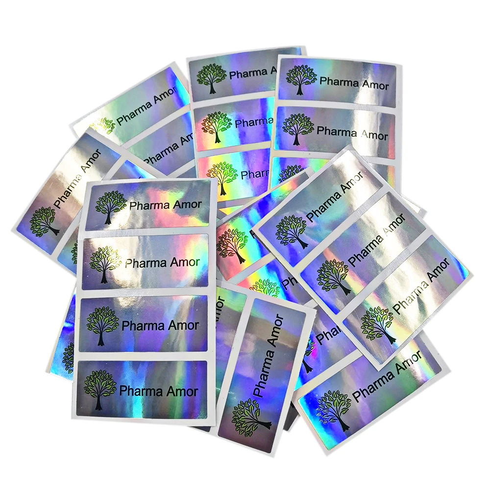 100pcs 50x20mm Custom Printing 2D Silver Holographic Shiny Stickers Self Adhesive Water proof With Your Business Name Brand Logo