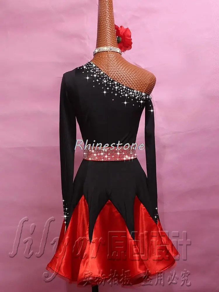 Latin Dance Diagonal Shoulder Black Red Skirt Flash Drill Practice Performance Children's Dress