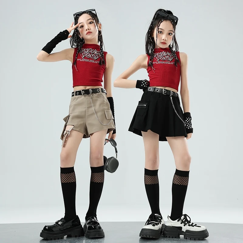 

2024 Kids Girls Hip Hop Clothes Jazz Dance Costume Red Vest Shorts Y2K Kpop Performance Clothing Bllroom Practice Wear BL13676